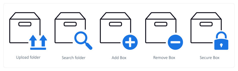 A set of 5 mix icons as upload folder, search folder, add box