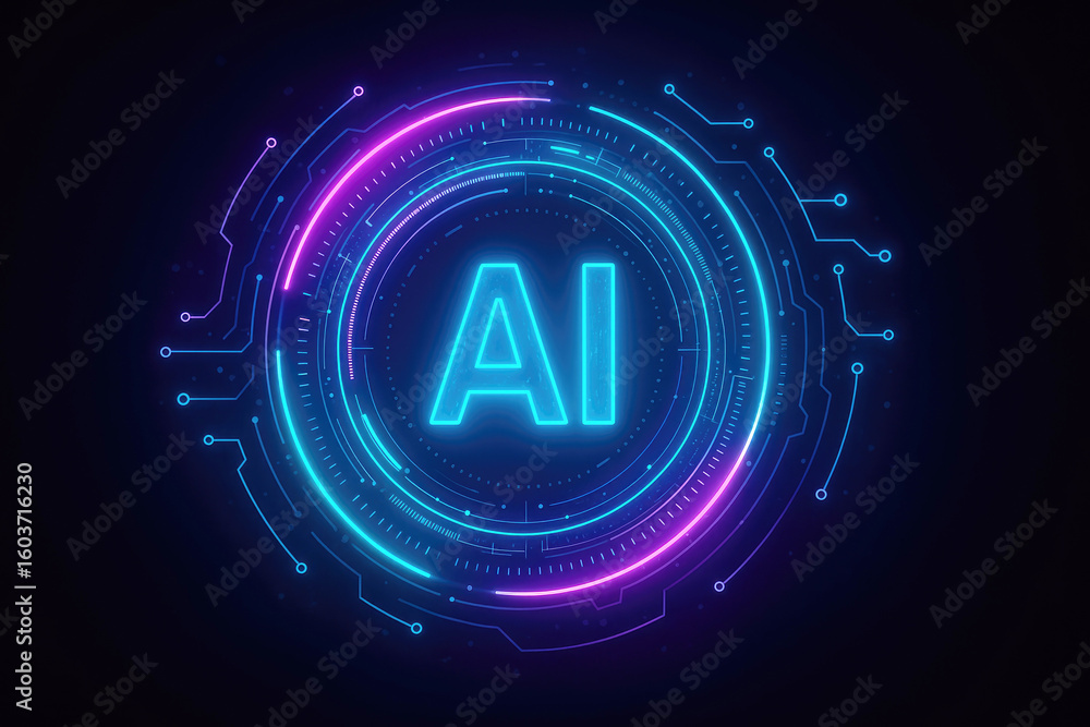 Poster glowing neon ai interface with circuitry artificial intelligence technology