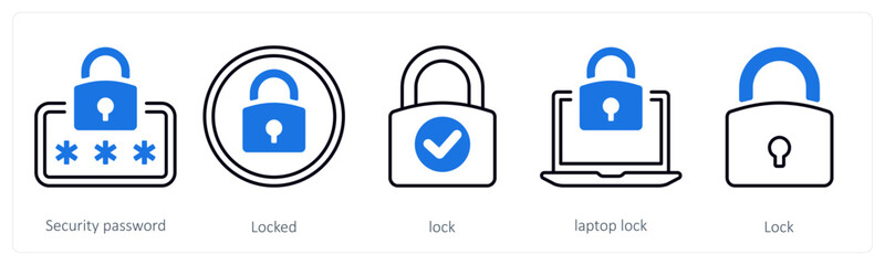 A set of 5 mix icons as security password, locked, lock