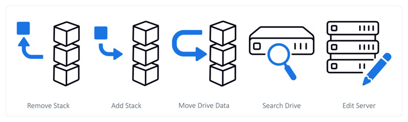A set of 5 mix icons as remove stack, add stack, move drive data
