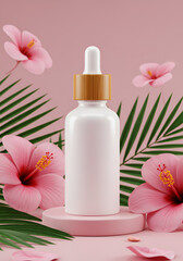 White bottle surrounded by pink hibiscus flowers and palm leaves on a pink pedestal