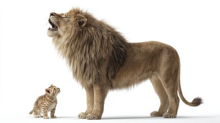 Obraz premium A tiny kitten confronts a powerful lion in a bold minimalist scene symbolizing strength determination and inner bravery.