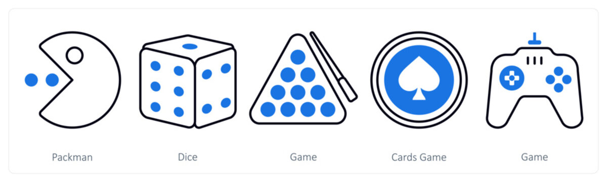 A set of 5 mix icons as packman, dice, game