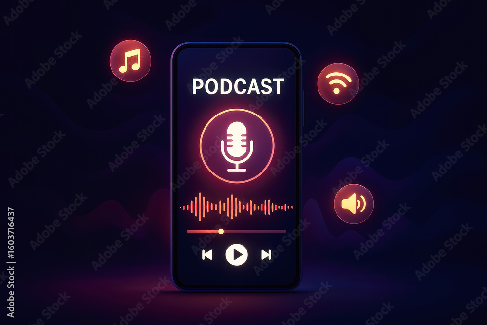 Poster glowing podcast interface on smartphone screen with audio waveform and playback controls