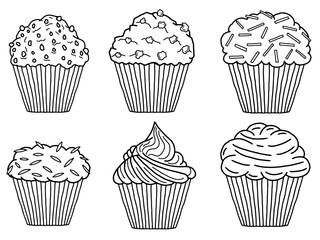 Hand drawn cupcake collection with different flavors. Assorted bakery cupcakes vector collection