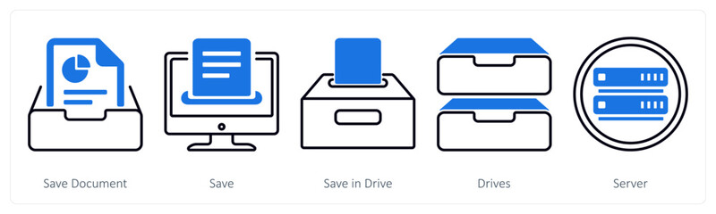 Fototapeta premium A set of 5 mix icons as save document, save, save in drive