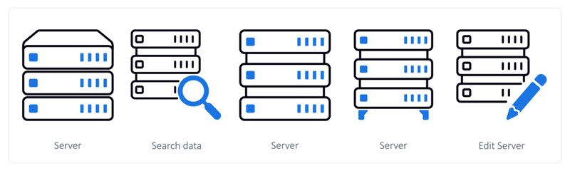 A set of 5 mix icons as server, search data, edit server