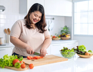 Woman preparing healthy meal in kitchen while smiling and cutting carrots and tomatoes surrounded by leafy greens