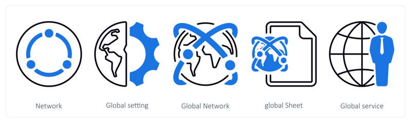 A set of 5 mix icons as network, global setting, global network