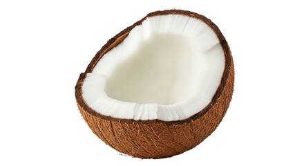 Half of a ripe coconut with white flesh and brown husk isolated on a transparent background