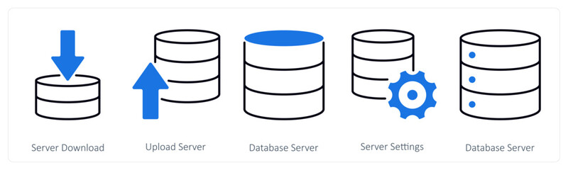 A set of 5 mix icons as server download, upload server, database server