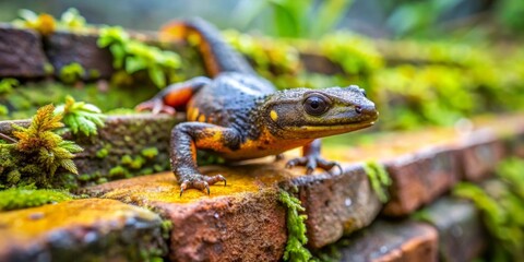 A Vibrant Amphibian Perched on Mossy Bricks, Exhibiting Striking Colors and Textures in a Lush, Natural Setting