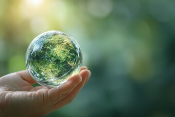 Hand holds crystal Earth sphere, nature background