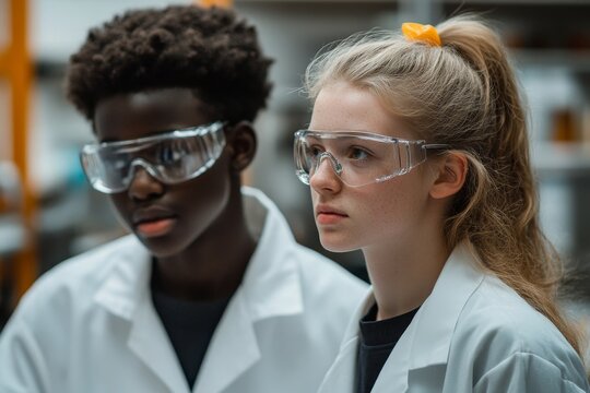 Two classmates standing in a robotics laboratory, wearing lab coats and safety glasses, collaborating on a project in their after-school robotics club, Generative AI