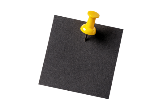 A dark gray sticky note with a bright yellow pushpin