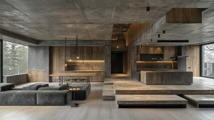 Modern rustic interior design with concrete and wood accents.
