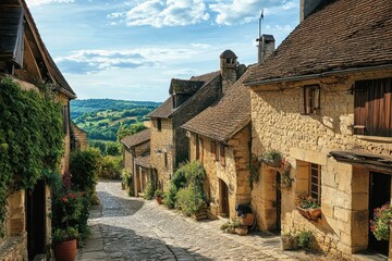 Charming cobblestone street lined with historic stone houses in a picturesque french village