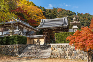 Minoh, Osaka, Japan. The entrance gate of Ryuanji Temple on Mount Minoh, framed by colorful autumn leaves.