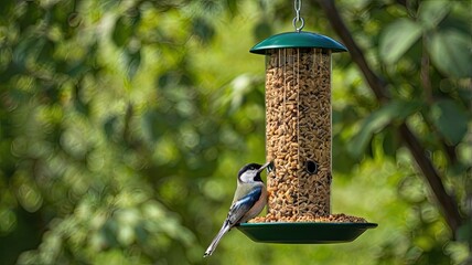 Naklejka premium A small bird perched on a green bird feeder filled with seeds in a garden setting outdoors in daytime
