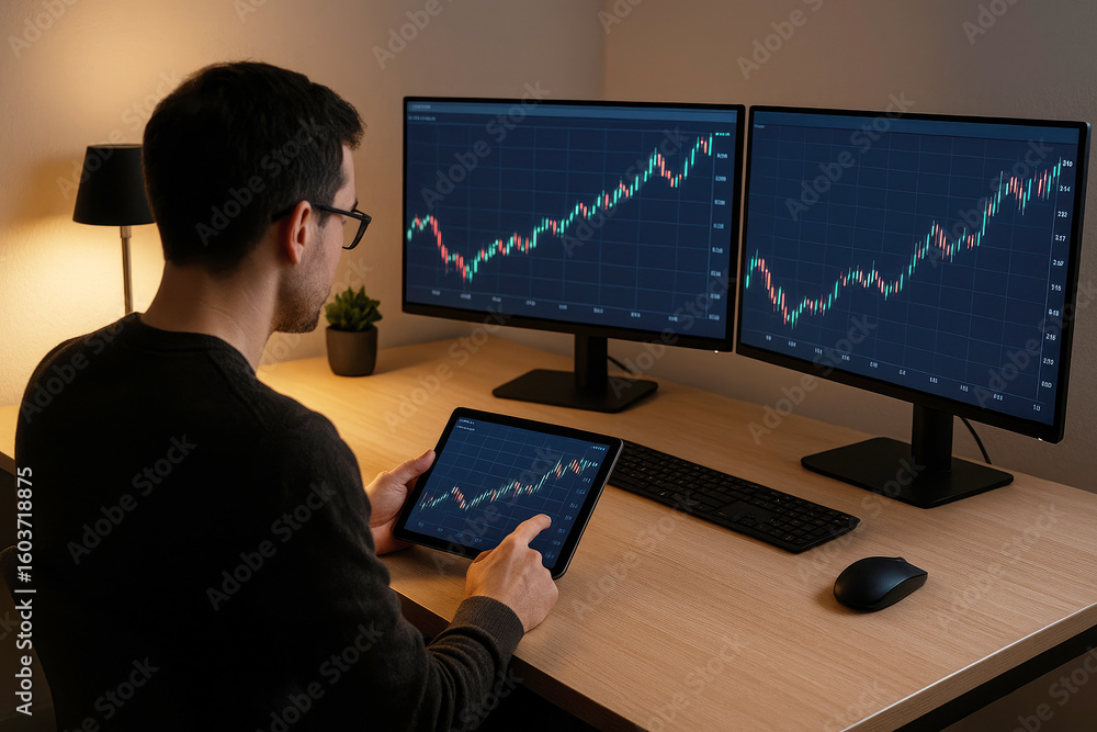 Poster man analyzing financial charts on multiple screens image