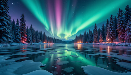 Aurora Borealis Over a Frozen Lake at Night