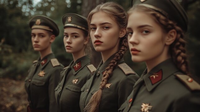Four young women in military uniforms standing in formation outdoors
