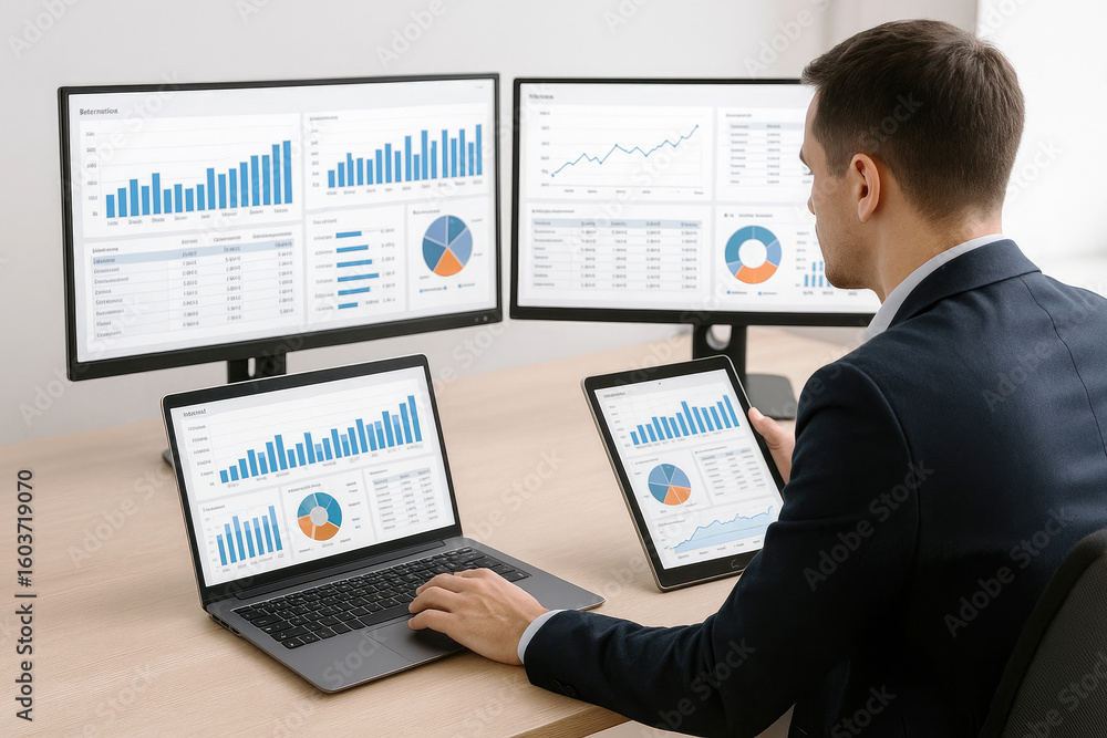 Poster man analyzing financial data on multiple screens business finance