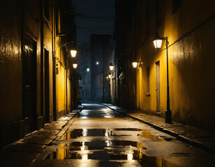 Lonely Streetlamp in Rainy Night Alley