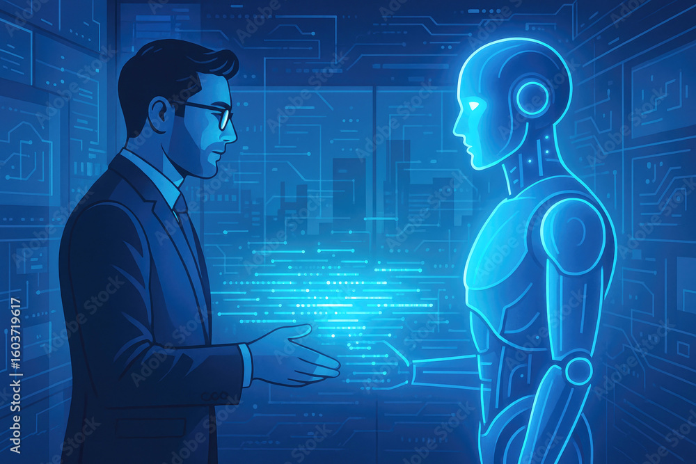 Poster man and robot handshake digital network collaboration technology