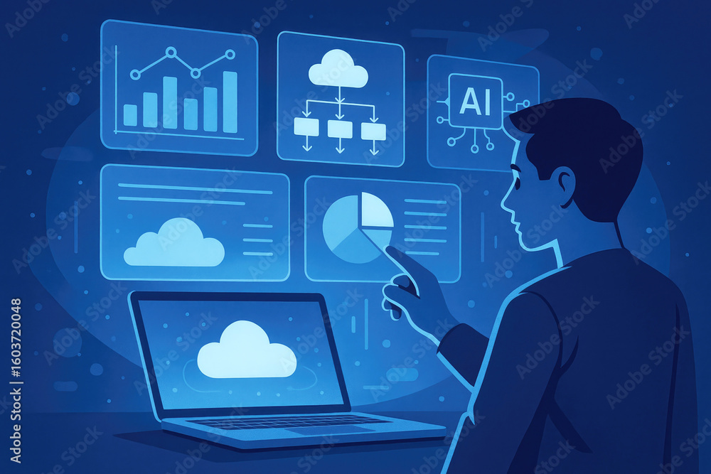 Poster man interacting with digital data charts and artificial intelligence image