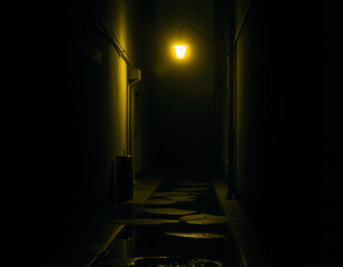Lonely Streetlamp in Rainy Night Alley