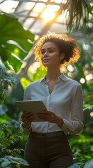 Businesswoman holding a tablet, standing in a botanical garden, symbolizing a commitment to corporate social responsibility and sustainable business practices, Generative AI