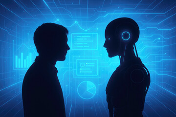 Man robot facing each other blue digital background human artificial intelligence