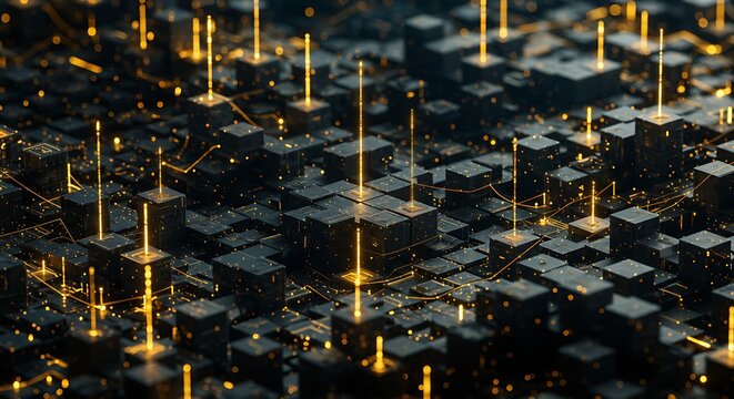 Abstract digital cityscape with glowing golden beams of light