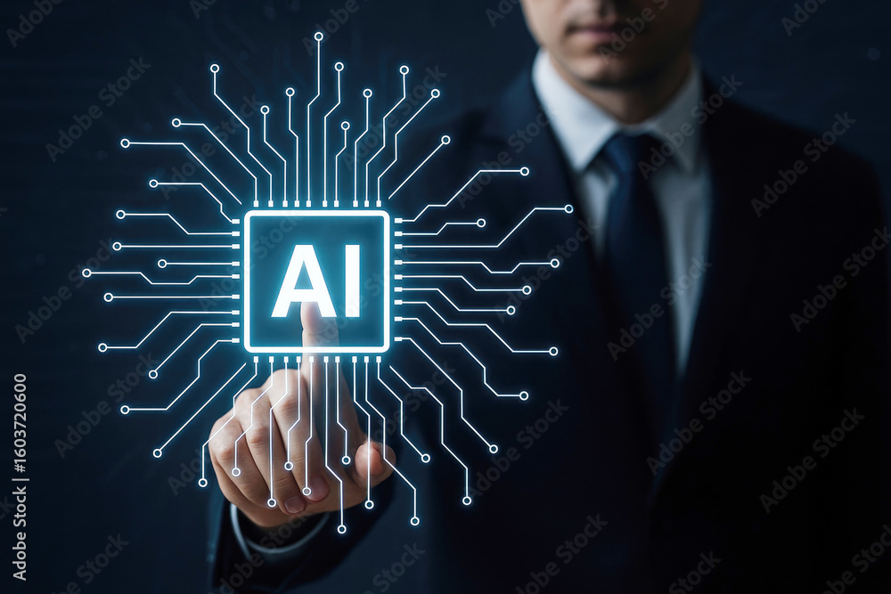 Poster man touching glowing artificial intelligence circuit board technology innovation