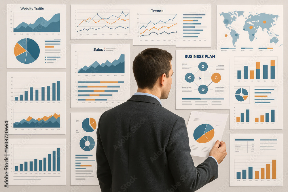 Poster man reviewing business analytics charts and graphs data