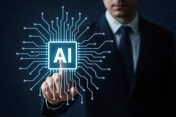 Man touching glowing artificial intelligence circuit board technology innovation