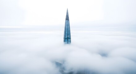 A tall structure pierces through a thick layer of fog showcasing modern architectural design with a unique spire reaching towards the sky. The scene is set in a cityscape shrouded in mist