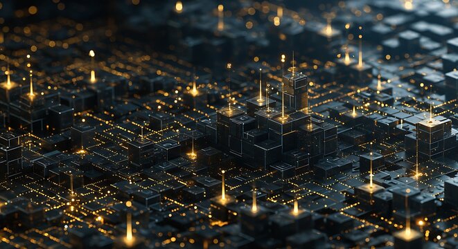 Abstract network of glowing lights on a dark textured background