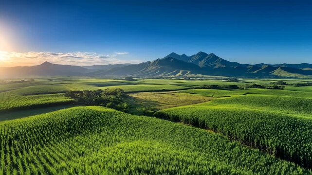 Vast Green Agricultural Fields Stretching Toward Mountain Range Under Clear Morning Sky