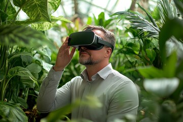 Fototapeta premium Handsome businessman in a botanical garden, surrounded by lush greenery, using a VR headset to explore new technologies. This scene reflects innovation and forward-thinking, Generative AI