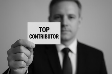 Man in suit holding card announcing top contributor status