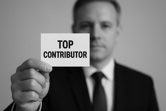 Man in suit holding card announcing top contributor status