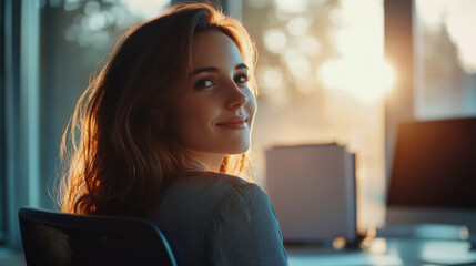 Smiling Caucasian woman working at desk near window with morning sunlight modern home office lifestyle productivity and remote work