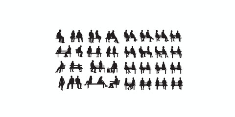 Print   silhouette of sitting people man woman, men women Vector silhouettes of men women, a group of sitting on a bench chair business people, profile, black color isolated on white background