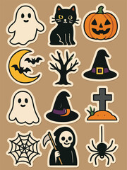 Halloween icon set with pumpkins ghosts bats and spooky symbols in vector style