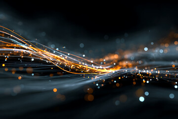 Dynamic abstract glowing light streaks and particles create a vibrant, energetic flow of data and technology