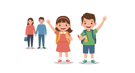 Cheerful cartoon family and schoolchildren waving goodbye ready for education.