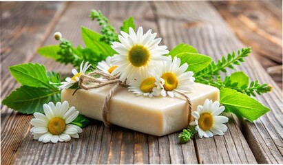 Fresh chamomile flowers and artisanal soap create a serene spa still life, evoking natural beauty and relaxing aromatherapy for body care