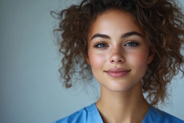 Portrait of a young curly-haired nurse in a studio setting, capturing a moment of professionalism and compassion in the healthcare industry, Generative AI